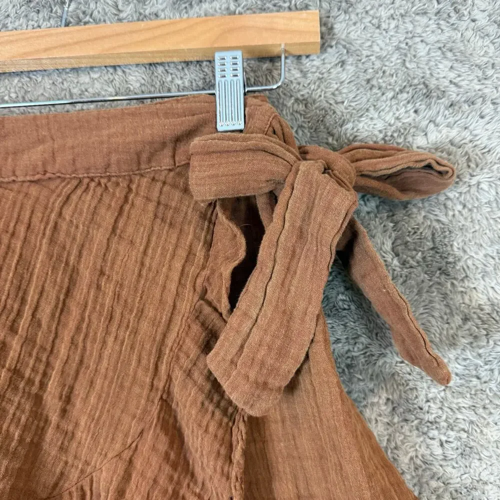 By Anthropologie XS Wrap Mini Skirt Brown Muslin Cotton Tiered Ruffle - Picture 3 of 8
